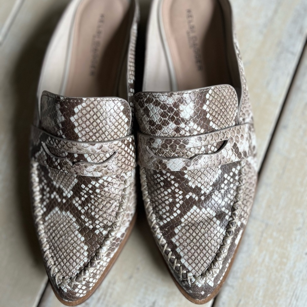 Kelsi Dagger Snakeskin Pointed Mule in Brown and Cream